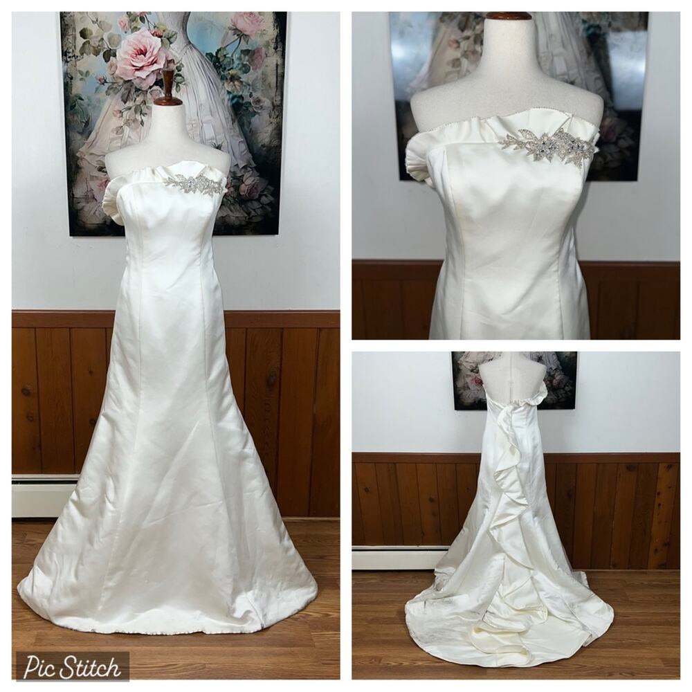 David's Bridal White Satin Wedding Dress with Silver Embellishments
